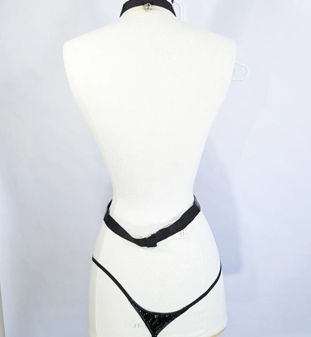 Victoria's Secret Lingerie New Choker Thong XL Faux Black Leather VS One Piece